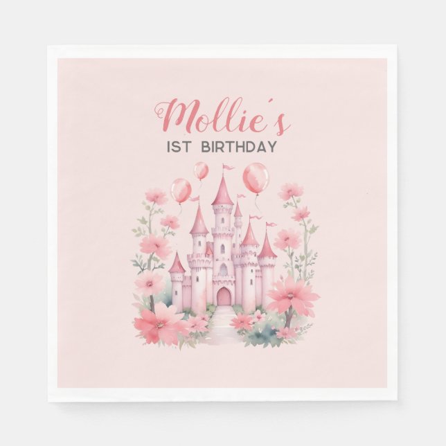 Baby's 1st Birthday Pink Castle Princess Napkins (Front)