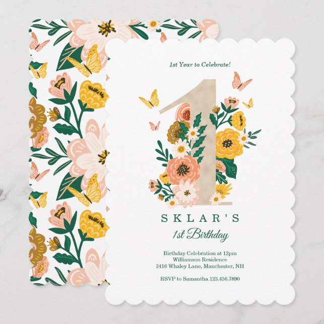 Baby's 1st Birthday Spring Florals Butterflies Invitation (Front/Back)
