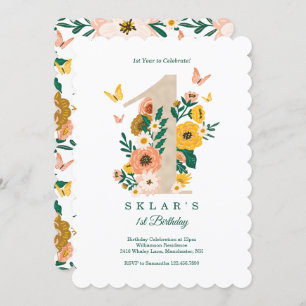 Baby's 1st Birthday Spring Florals Butterflies Invitation