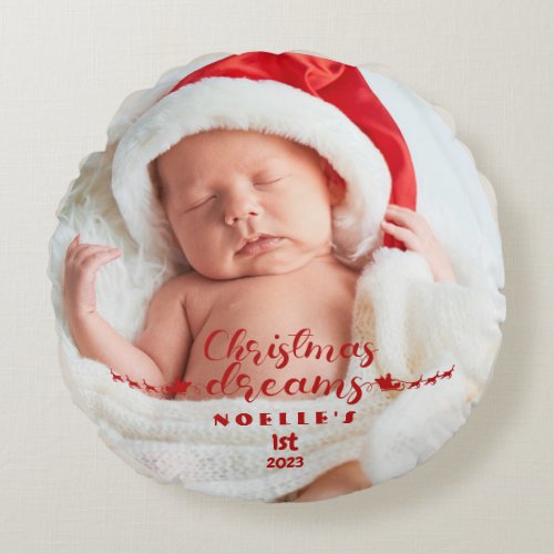 Babys 1st Calligraphy Christmas Dreams Photo Round Pillow