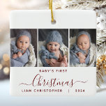 Baby's 1st Christmas 3 Photo Burgundy Red Script Ceramic Ornament<br><div class="desc">Help them commemorate their grandchild's first Christmas with this beautiful modern keepsake ornament. The burgundy red text reads "Baby's first Christmas, " with the word "Christmas" in elegant handwriting script with flourishes before and after. Replace the three sample images with your favorite vertical photos, and add baby's name and the...</div>