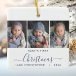 Baby's 1st Christmas 3 Photo Navy Blue Script Ceramic Ornament<br><div class="desc">Help them commemorate their grandchild's first Christmas with this beautiful modern keepsake ornament. The navy blue text reads "Baby's first Christmas, " with the word "Christmas" in elegant handwriting script with flourishes before and after. Replace the three sample images with your favorite vertical photos, and add baby's name and the...</div>
