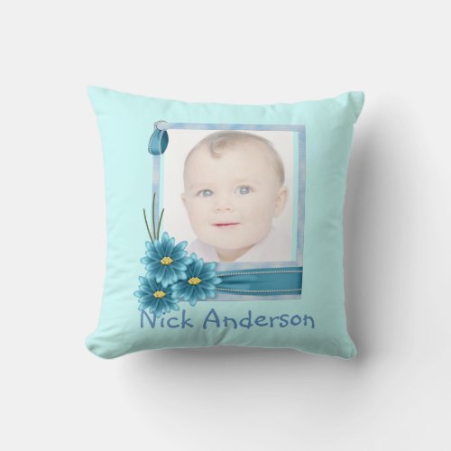 Babys 1st Christmas Blue Daisy Baby Photo Throw Pillow