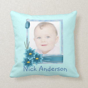 Babys 1st Christmas Blue Daisy Baby Photo Throw Pillow
