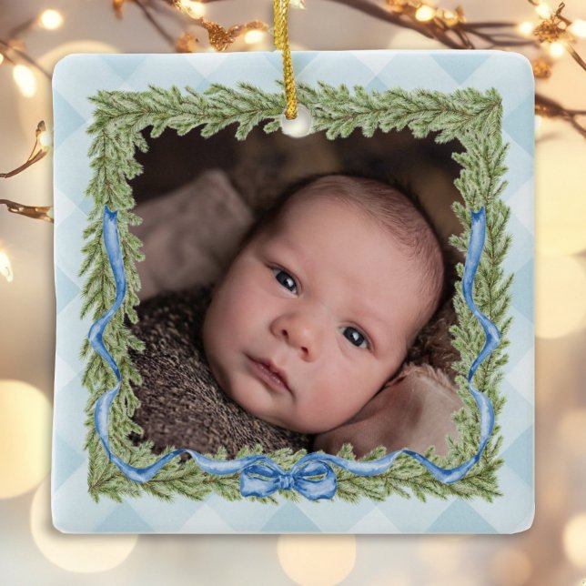 Baby's 1st Christmas blue gingham photo Ceramic Ornament (Creator Uploaded)