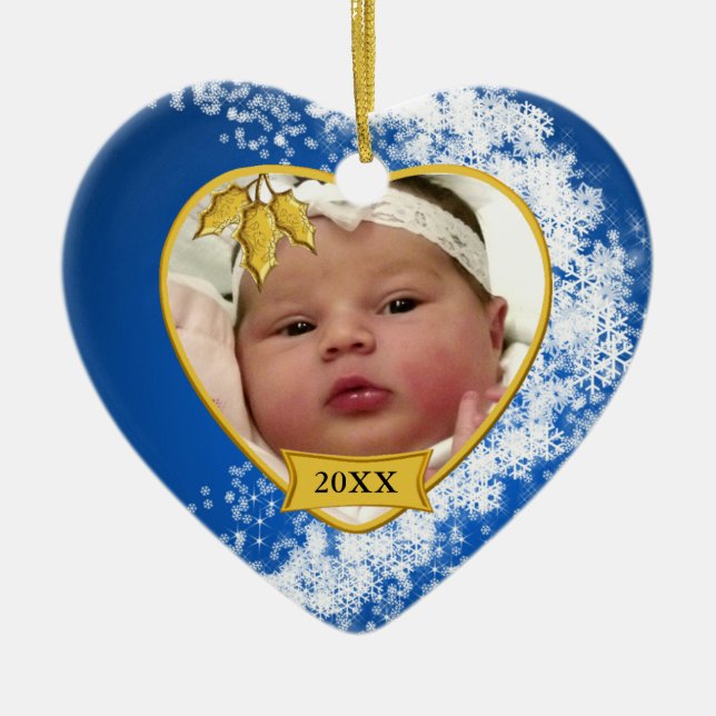 Baby's 1st Christmas Blue Snowflake Photo Ceramic Ornament (Front)