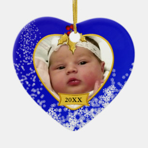 Baby's 1st Christmas Blue Snowy Photo Ceramic Ornament