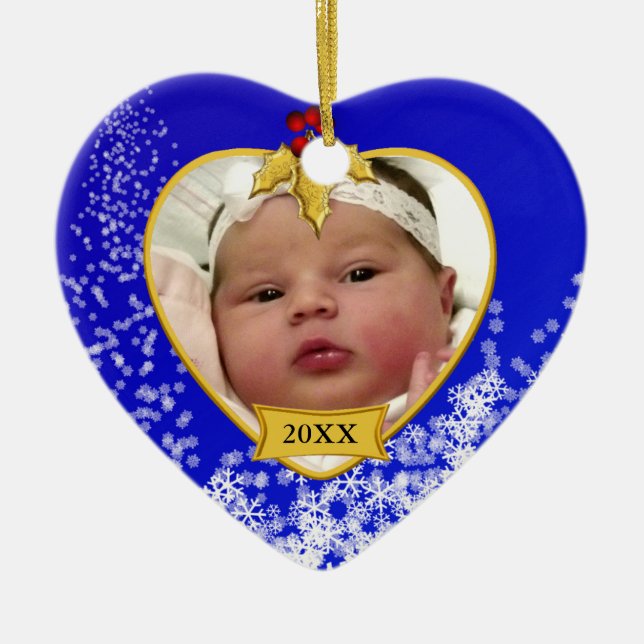 Baby's 1st Christmas Blue Snowy Photo Ceramic Ornament (Front)