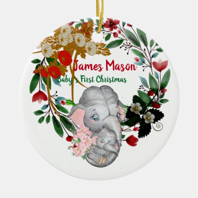 Babys 1st Christmas Botanical Green Wreath Floral Ceramic Ornament (Front)