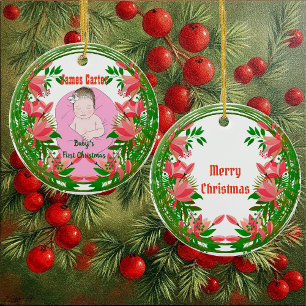 Babys 1st Christmas Custom Photo Botanical Wreath Ceramic Ornament