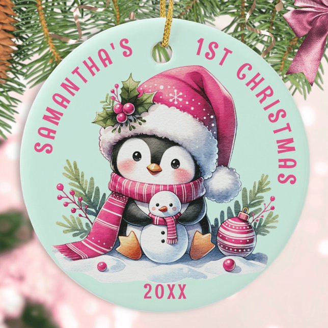 Babys 1st Christmas Custom Pink Mint Cute Penguin Ceramic Ornament (Creator Uploaded)