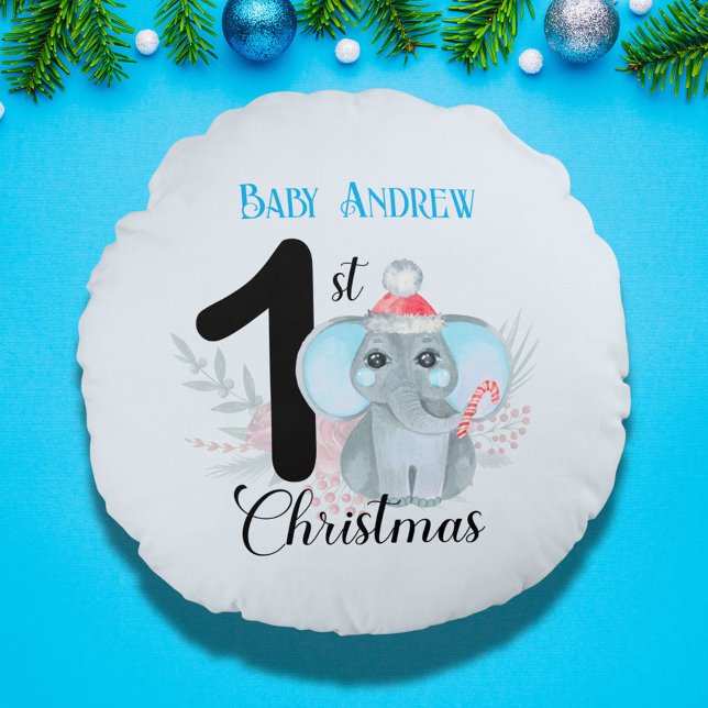 Baby's 1st Christmas Cute Blue Elephant Keepsake Round Pillow (Creator Uploaded)