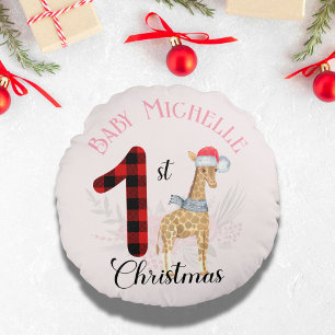 Baby's 1st Christmas Cute Giraffe Santa Hat Name Round Pillow