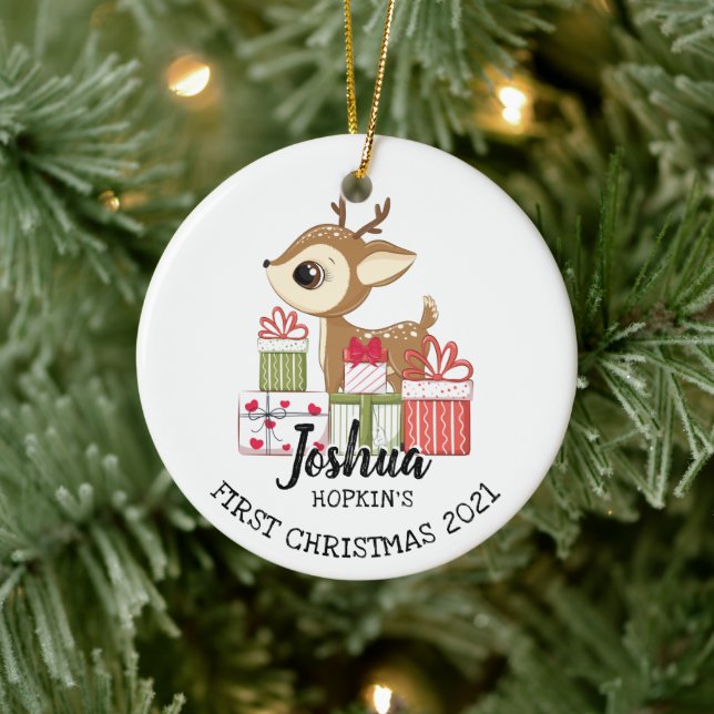Baby's 1st Christmas Cute Winter Fawn Deer Doe Ceramic Ornament (Tree)