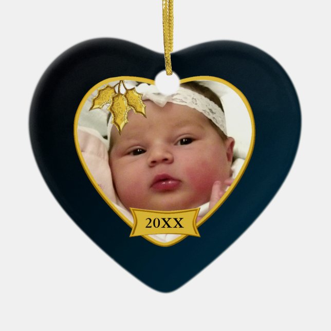 Baby's 1st Christmas Dark Blue Photo Ceramic Ornament (Front)