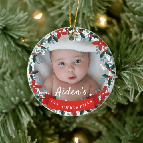 Babys 1st Christmas Floral Wreath Photo Keepsake Ceramic Ornament