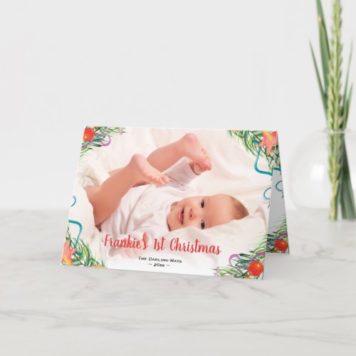 Babys 1st Christmas Full Bleed Photo White  Red Holiday Card