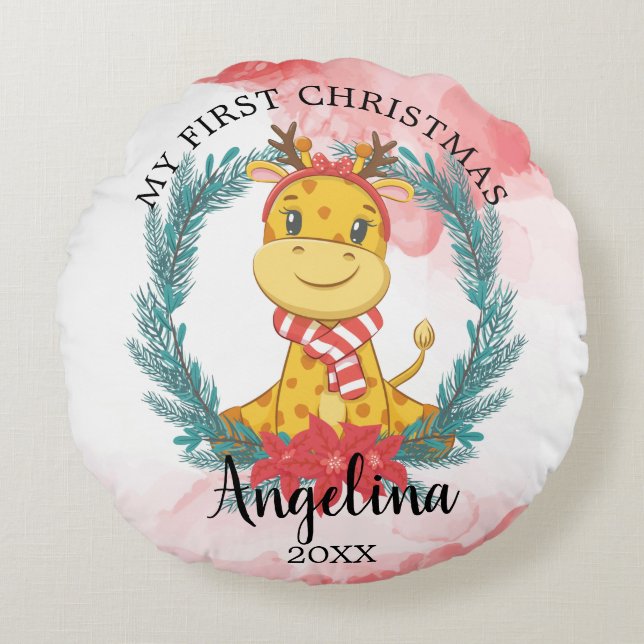 Baby's 1st Christmas Giraffe Poinsettia Wreath Round Pillow (Front)
