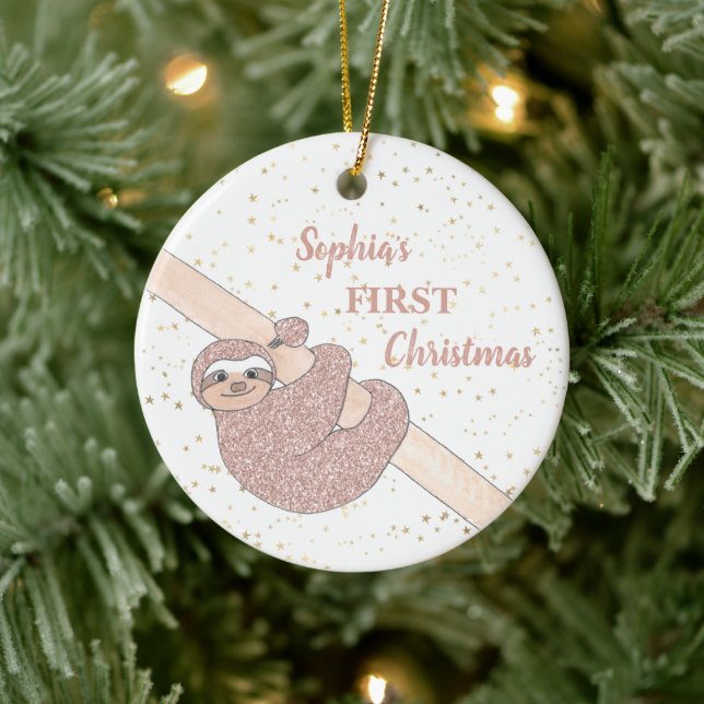 Baby's 1st Christmas Glitter Sloth Photo Name Ceramic Ornament (Tree)