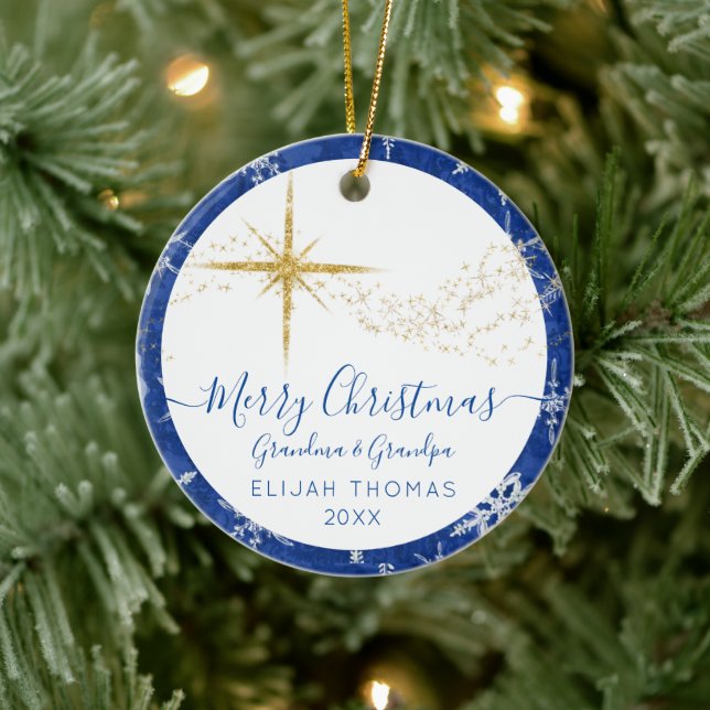 Babys 1st Christmas Grandparents Blue Gold Photo Ceramic Ornament (Tree)