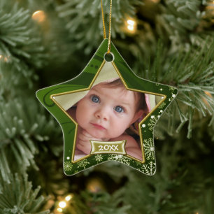 Baby's 1st Christmas Green and Gold Photo Frame Ceramic Ornament