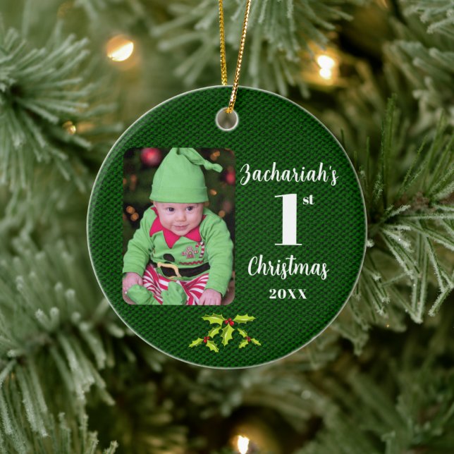Baby's 1st Christmas Green Faux Fabric Round Ceramic Ornament (Tree)