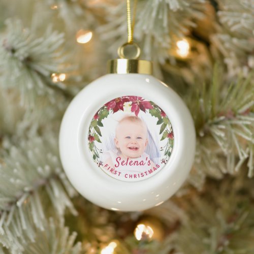 Babys 1st Christmas Holly Wreath Photo Keepsake Ceramic Ball Christmas Ornament