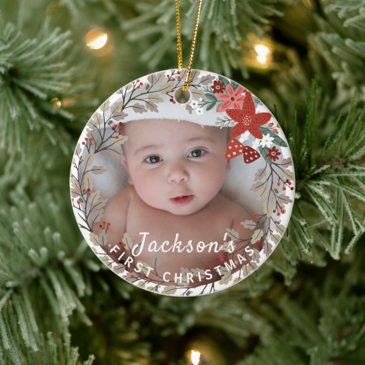 Baby's 1st Christmas Holly Wreath Photo Keepsake Ceramic Ornament | Zazzle