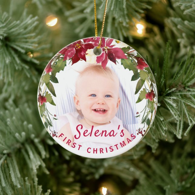 Baby's 1st Christmas Holly Wreath Photo Keepsake Ceramic Ornament (Tree)