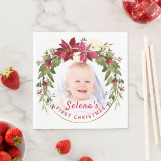 Baby's 1st Christmas Holly Wreath Photo Keepsake Napkins