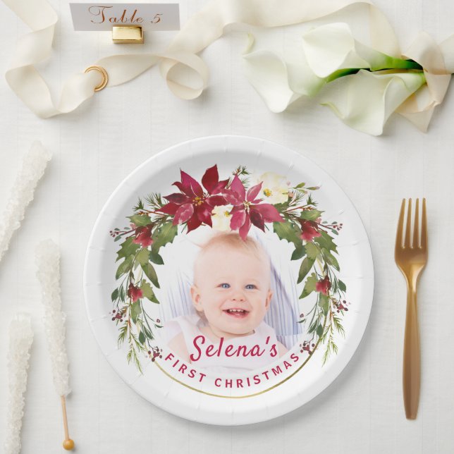Baby's 1st Christmas Holly Wreath Photo Keepsake Paper Plates (Wedding)
