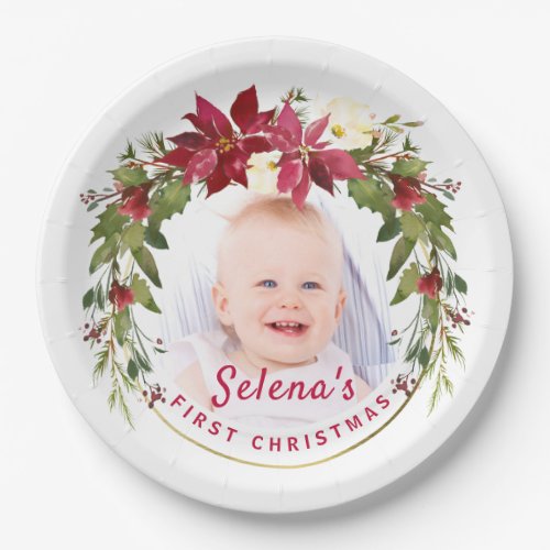 Babys 1st Christmas Holly Wreath Photo Keepsake Paper Plates