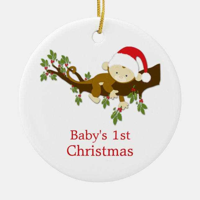 Baby's 1st Christmas Little Monkey Holly Photo Ceramic Ornament (Front)