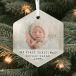Baby's 1st Christmas Modern Minimal Hexagon Photo Glass Ornament<br><div class="desc">Celebrate the simple joys of your newest family member with a stylish custom photo hexagon-shaped glass ornament. Gender neutral design is suitable for a new baby boy or girl. Wording and picture on this template are simple to personalize. (IMAGE DESIGN TIP: To center the photo exactly how you want, crop...</div>