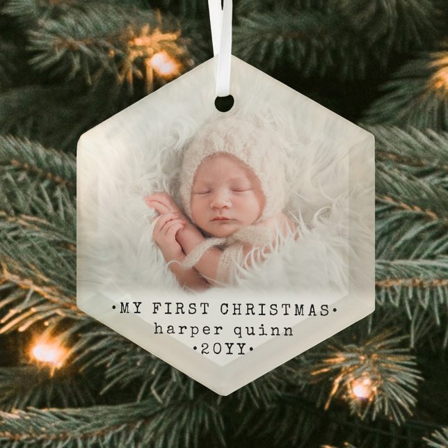 Baby's 1st Christmas Modern Minimal Hexagon Photo Glass Ornament (Creator Uploaded)