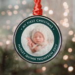 Baby's 1st Christmas Modern Photo Green and White Metal Ornament<br><div class="desc">Celebrate the simple joys of the holiday season with a stylish green and white custom photo round metal ornament. Gender neutral design is suitable for a new baby boy or girl. Wording and picture on this template are simple to personalize. "My First Christmas" quote is easy to change in case...</div>