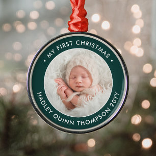 Baby's 1st Christmas Modern Photo Green and White Metal Ornament