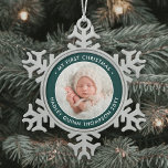 Baby's 1st Christmas Modern Photo Green and White Snowflake Pewter Christmas Ornament<br><div class="desc">Celebrate the simple joys of the holiday season with a stylish green and white custom photo round metal snowflake Christmas ornament. Gender neutral design is suitable for either a new baby boy or girl. Wording and picture on this template are simple to personalize. "My First Christmas" quote is easy to...</div>