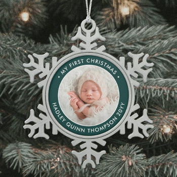 Baby's 1st Christmas Modern Photo Green And White Snowflake Pewter Christmas Ornament by Memorable_Modern at Zazzle
