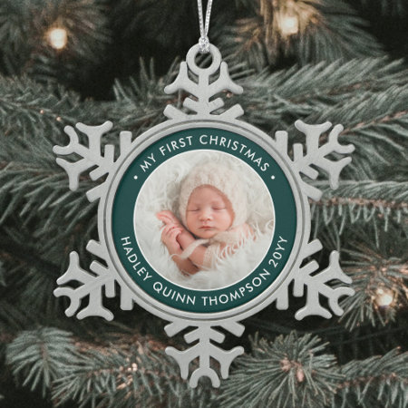 Baby's 1st Christmas Modern Photo Green And White Snowflake Pewter
