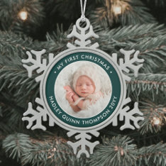 Baby's 1st Christmas Modern Photo Green And White Snowflake Pewter Christmas Ornament at Zazzle