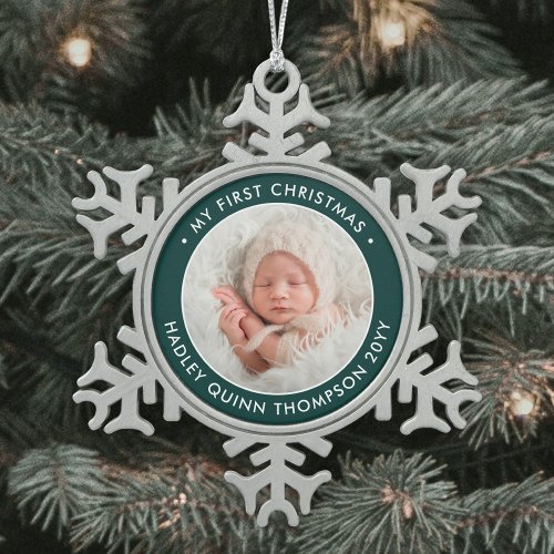 Babys 1st Christmas Modern Photo Green and White Snowflake Pewter Christmas Ornament