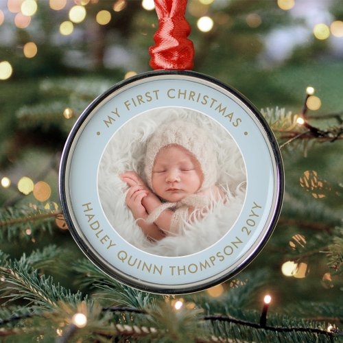 Babys 1st Christmas Modern Photo Light Blue Gold Metal Ornament