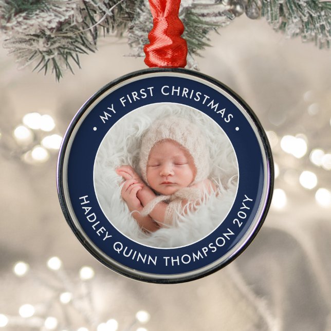Baby's 1st Christmas Modern Photo Navy Blue White Metal Ornament (Creator Uploaded)