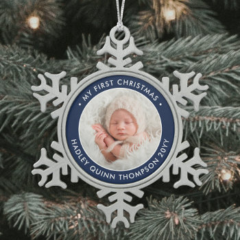 Baby's 1st Christmas Modern Photo Navy Blue White Snowflake Pewter Christmas Ornament by Memorable_Modern at Zazzle