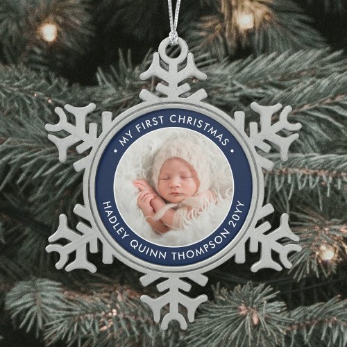 Babys 1st Christmas Modern Photo Navy Blue White Snowflake Pewter Christmas Ornament