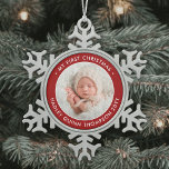 Baby's 1st Christmas Modern Photo Red and White Snowflake Pewter Christmas Ornament<br><div class="desc">Celebrate a simple joys of the holiday season with a festive red and white custom photo round metal snowflake Christmas ornament. Gender neutral design is suitable for either a new baby boy or girl. Wording and picture on this template are simple to personalize. "My First Christmas" quote is easy to...</div>