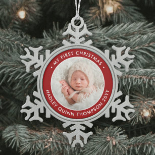 Baby's 1st Christmas Modern Photo Red and White Snowflake Pewter Christmas Ornament