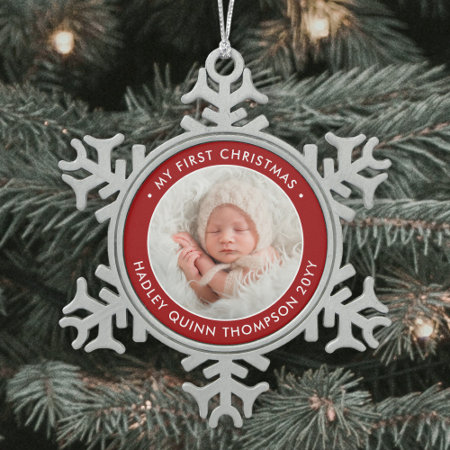 Baby's 1st Christmas Modern Photo Red And White Snowflake Pewter C