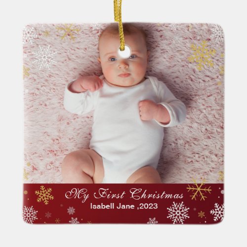 Babys 1st Christmas Modern Photo White Snowflakes Ceramic Ornament